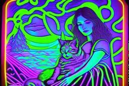 black light art, neon lines, contented brunette woman with fluffy kitten seeking something in the distance