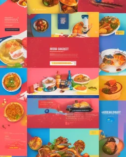 a food delivery web landing page design with a burst of colors and illustrations, hyperrealism, and hyper details, sharp