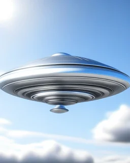 Design a futuristic, silver UFO hovering in a clear blue daytime sky, photorealism