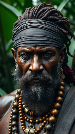 ultra HD shot of a strong pirate of the Caribbean man , textured copper skin, tribal jewelry, large, Background of the figure in a jungle environment.