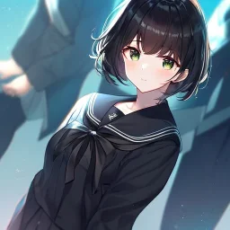 Clear focus, High resolution, fluffy black short hair, dark green eyes, wearing a black sailor uniform and pleated black skirt, fluffy hair, detailed outfit