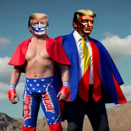 realistic image of donald trump as a mexican wrestling fighter posing outdoors, with mexican mask painted on the face, red and blue breeches, confederate flag cape, naked torso, retro style, 80s, vibrant color, highly detailed, sky background, concept art, unreal engine 5, god rays, ray tracing, RTX, lumen lighting, ultra detail, volumetric lighting, 3d, finely drawn, high definition, high resolution.