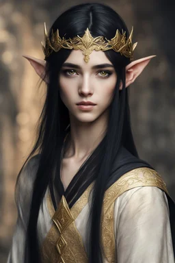 young elven of seventeen years old, golden eyes and straight black hair, dressed in ancient cloth