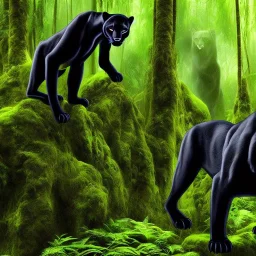 Surreal rainforest with lifelike black panther