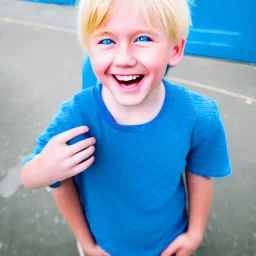 visage petit garçon blond aux yeux bleus souriant sur fond arc en ciel