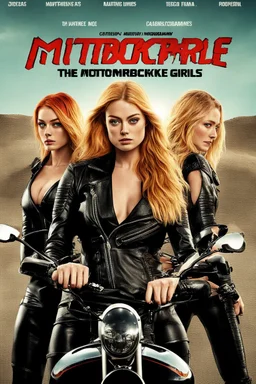 Poster for an action film called "The Motorbike Girls" starring Katherine McNamara, Margot Robbie and Georgia Henshaw wearing tight leather catsuits.