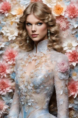 Close up photography super star singer Taylor Swift wears quantum deity intricate origami flowers detailed quilling paper translucent plastic clothing, mixed media impressionism, fine arts and crafts, intricate embroidery, rococo spirtualism intricate details, highly detailed, cinematography