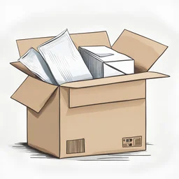 illustration of a carton moving box with an envelope in it. White background. Full frame