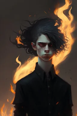 Boy with wight hair and black clothes and power fire