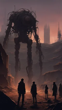 imon Stålenhag Influence: In a post-apocalyptic landscape, a giant, biomechanical creature stands amidst the ruins, its intricate circuits glowing against the twilight, a group of survivors observing in awe and fear from a safe distance.