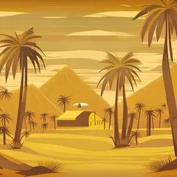 Background of a design of a farm and honey house with mountains and yellow meadows resembling palm trees