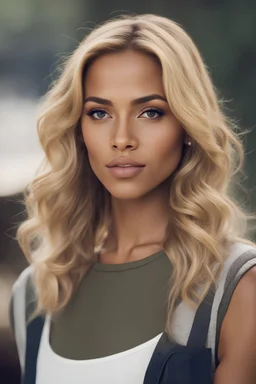 Close-up of 24 year old light skinned biracial female with blue eyes, light brown/blonde hair; wearing T shirt and khaki shorts. Serene mood. Cleft chin. Moderately long nose with split nasal tip. Resembles Jean Seberg, Kerry Washington and Catherine Deneuve. Mixed German, Irish, Norwegian, Fulani, Hausa and Ashanti ancestry. Light blue eyes. Low hairline. Very low forehead. Widow's peak. Very light tan skin. 5' 3", skinny athletic build. Studio close-up headshot, centered, facing camera. 4x5 Sp