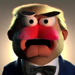 Angry muppet trump, round nose, in suit, eyebrows, spray tan mad