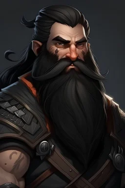 Dwarf warrior male. Black hair on his shoulders. Long beard. Eyepatch on the eye.