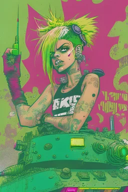 Digital illustration of comic book style cartooned Tank girl giving the middle finger, giant green military tank behind her, color pencils, ink, counter culture, dystopian, retro futuris. 90s riot girl look, punk aesthetics, collage, psychedelic, grime, textured, mixed media with a british pop culture influence, maximalism, feminist icon,