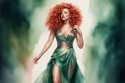 full figure, red curly hair upswept gorgeous singer on a stage in front of a microphone, sleeveless rose gold shiny silk long dress, the dress goes down to bluish green, photorealistic watercolour
