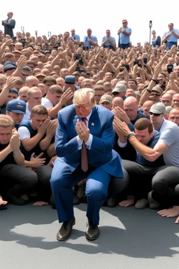 donald trump standing above hundreds of people on their knees