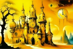 A golden yellow glowing castle with clocks painted by Salvador Dali