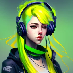 a beautiful girl with green to yellow hair, wearing headphones, digital art, masterpiece, trending on artstation