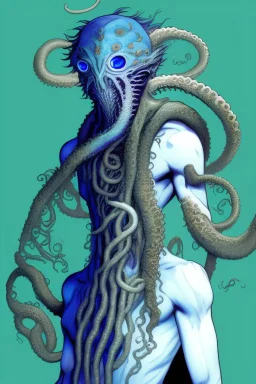 16 year old boy warlock with milky blue eyes, and lamprey tentacle growing out of his belly. in the style of HR Giger