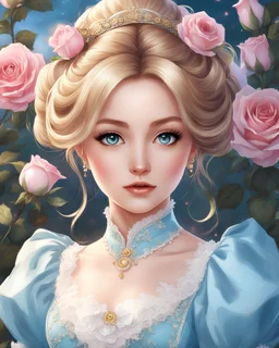 a beautiful illustration of an anime girl with shiny golden chignon hair wearing a light blue Victorian dress. Her eyes should be lovely and captivating. Surround her with pink roses for a touch of elegance and romance.