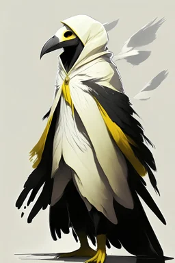 yellow to white feathered aarakocra in anime style wearing a long black cloak covering it's entire body and head