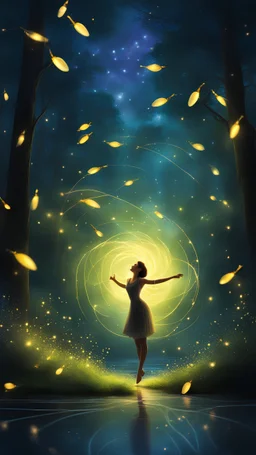 Illustrate a scene of a woman participating in a mesmerizing firefly ballet. Capture the beauty of the glowing fireflies as they swirl around her, creating a magical and enchanting atmosphere