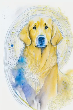 abstract watercolour of a golden retriever dog’s head in the style of Valerie Davide with bifurcated circles and thin pencil lines