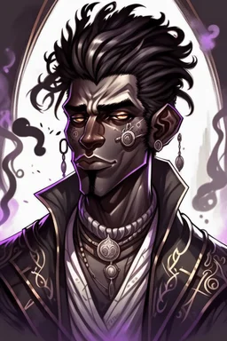 Male Air genasi fra d&d with black skin smoke some hair an Asian skin ghostly appearance with a Smokey undertone mork