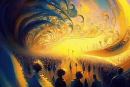 Crowd of people each painting magical swirls of colourand soundin the air with paintbrushes,surreal,golden hour