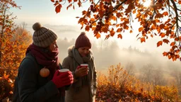 Autumn: falling leaves, Misty mornings, fog over distant fields or forests, sunshine; people wearing scarves, woolly hats, gloves, holding mugs of steaming hot drinks; chestnuts, acorns, berries, rowan, holly, mistletoe; birds migrating; squirrels gathering nuts; beautiful colours, atmospheric. Award winning photograph.