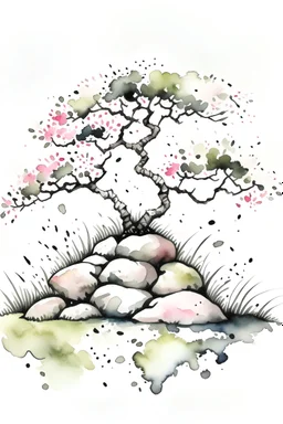 Japanese style watercolor of a Japanese garden, moss-covered stones, a delicate cherry blossom tree in bloom, realistic tones, white negative space