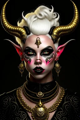 A young tiefling woman with a set of ram horns on her head encrusted with jewels, White-Blonde, short hair, black eyes, no pupils, dressed in black with lots of jewelry, beautiful, satanic tattoos on her neck, she looks evil