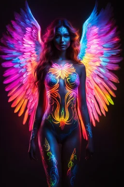 Beautiful Angel with body painting colors neons glowing bright light in the dark and colorful details