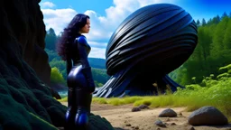 A long-haired woman in a catsuit standing on a beach of a rocky landscape with a crashed spaceship in the distance, with a forest beyond