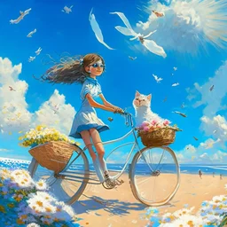 A girl is riding a bicycle on the beach. His cat is sitting in the front basket of the bicycle. Spring flowers can be seen everywhere. Beautiful blue sky with white clouds - kites in the sky. sense of peace. digital art, 8k, full details