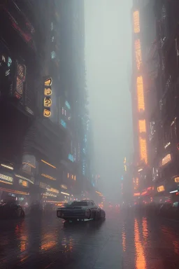 Blade Runner, raining, nostalgic, cold, dark blue, gloomy, heavy fog, 8k photorealistic, cinematic lighting, high details, dramatic, atmosphereric