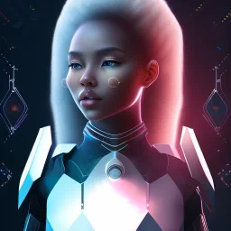 futurist | hyperphotorealistic | science fiction | metaverse | programming codes | black woman in an Asgardian environment travelling through the multiverse with a laptop with a baby girl in dark space