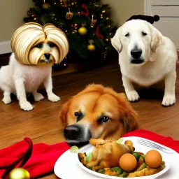 Dogs eating Christmas dinner with alien lion and floating ball