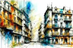 City sketch, watercolor, white background, vibrancy of watercolor wash, highly detailed, with sharp focus and smooth transitions. Carne Griffiths, Wadim Kashim, Carl Larsson, Pascal Blanche, golden ratio, masterpiece, trend on CGSociety and Artstation, bottomless, impressive, something that does not even exist, textures, iridescent scales and luminescent, impressive beauty, pure perfection, divine presence, unforgettable beauty, impressive, impressive, volumetric light, auras, rays, reflections