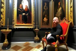 man with red beard sitting in a gothic armchair, golden armrests with trim, In the background a painting by Caravaggio covers the wall