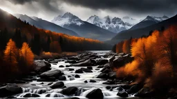A picture of a fall landscape with trees, mountains, and a river,dramatic scene,dark light