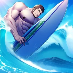 very perfect body features anime surfer boy, waves