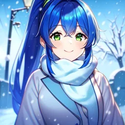 Clear focus, 8k, beautiful lighting, vibrant colors, girl, blue hair, green eyes, ponytail, snowing, winter clothes, looking up, smiling,