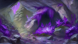 A cave radiating with violet plants and stones