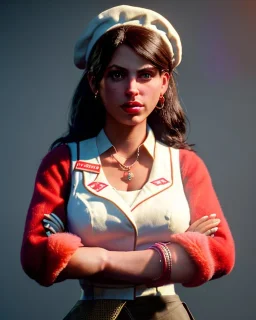 waitress woman with muppet mask that covers her entire head, concept art, retro style, smooth, unreal engine 5, god lights, ray tracing, RTX, lumen lighting, ultra detail, volumetric lighting, 3d.