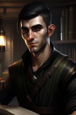 leam young half orc male who works at a tavern with short hair realistic wearing black clothing thin and bookish