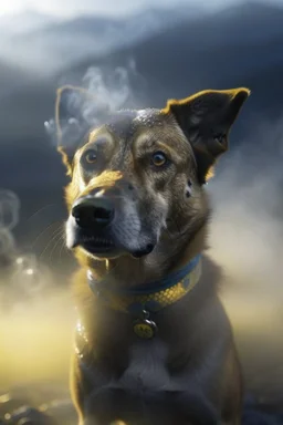 film grain for realism, portrait of super sonic top dog swimming in smoke rings at mountain top , lightening storm brewing,shot on Hasselblad h6d-400c, zeiss prime lens, bokeh like f/0.8, tilt-shift lens 8k, high detail, smooth render, down-light, unreal engine, prize winning