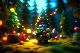 cute smiling Cyberpunk and future art style Santa and Christmas tree, in the garden of Eden, with colorful trimmings, star on top of tree, gifts, toys, bokeh like f/1.2, tilt-shift lens 8k, high detail, smooth render, down-light, unreal engine, prize winning