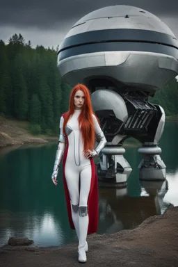 Wide-angle, full body and headshot of a skinny young woman, with long straight red hair, dressed in a robotic-looking catsuit, standing next to a lake with a crashed spaceship.